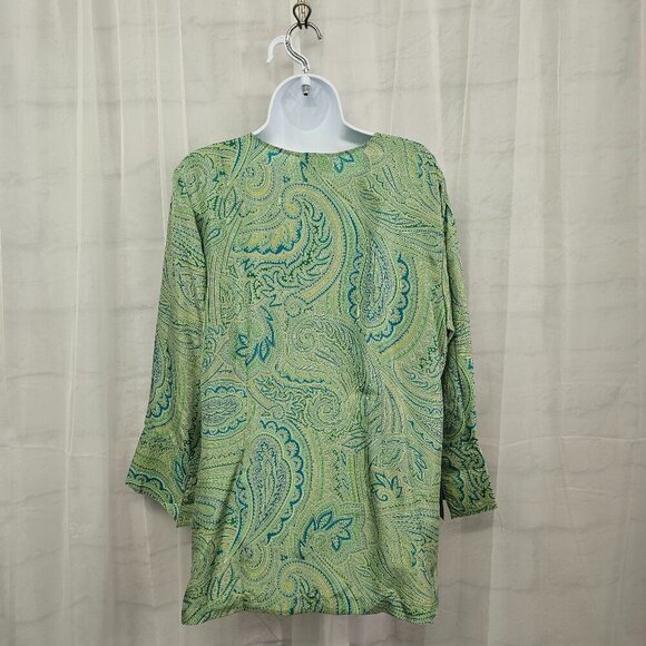 Coldwater Creek Green Blue Paisley Silk Blouse Peasant Retro Embroidered PL - Picture 8 of 13